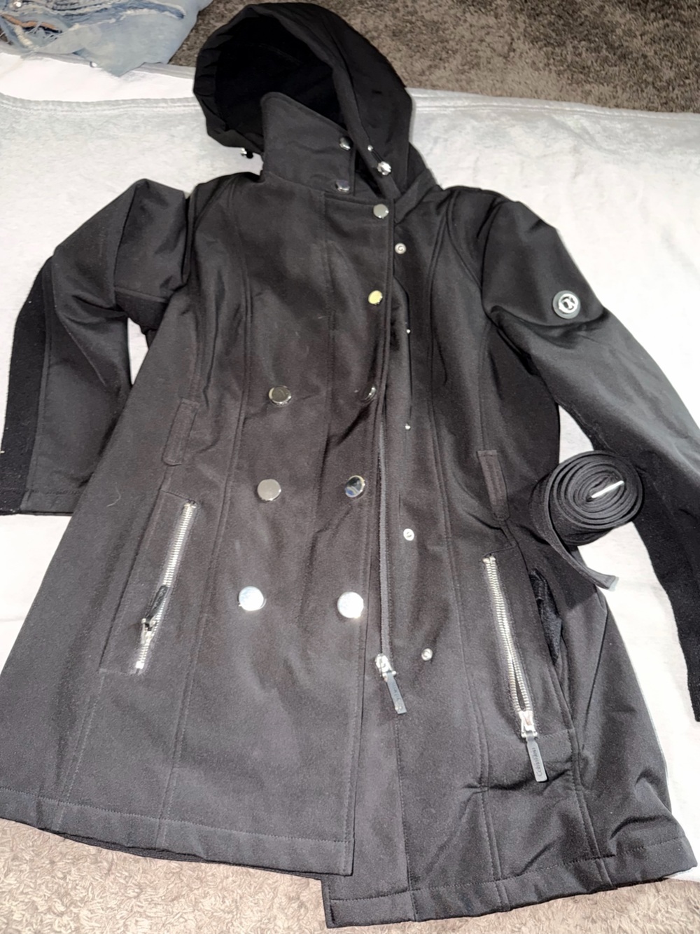 Calvin Klein Black Hooded Coat with Snap Details